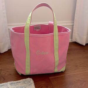 Pink and green LL Bean tote with “Colleen” inscribed